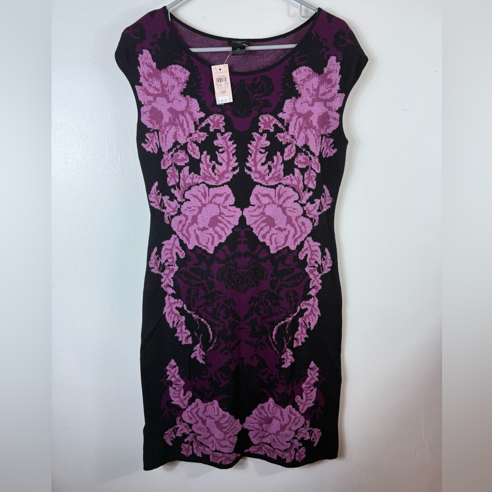 Ann Taylor Knit Dress Black Purple NWT Bodycon Floral‎ Medium Petite Officewear